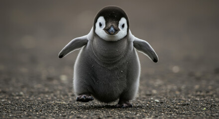 Adorable fluffy penguin chick walking forward with wings outstretched on rocky ground