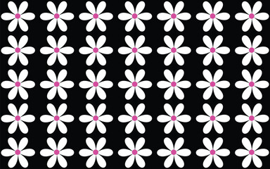 Flower shape pattern with A repeating pattern of white daisies with pink centers on a black backdrop.
