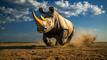 Fototapeta premium Charging rhinoceros running through a dusty, sunlit field under a partly cloudy blue sky
