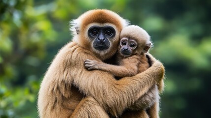 Fototapeta premium Close-up of a mother langur embracing her baby