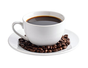 Savor the rich essence of coffee presented in a clean cup with scattered roasted beans