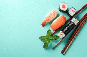 Fresh sushi assortment artfully arranged on a teal background with chopsticks and mint garnish.