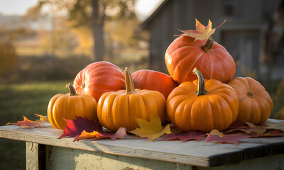 Autumn pumpkins on wooden table