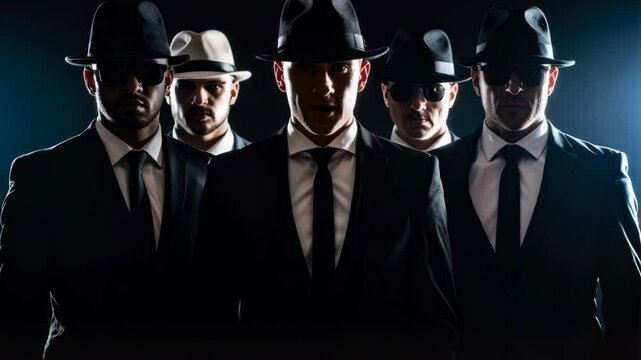 Group of men in suits and hats, standing in darkness. Formal attire, dark background, mysterious figures in suits and ties, stylish men.