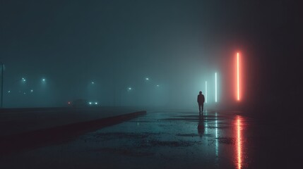 Solitary figure walking foggy neon night street