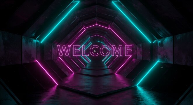 Neon Welcome Sign in a Dark Octagonal Tunnel with Cyan and Magenta Lights