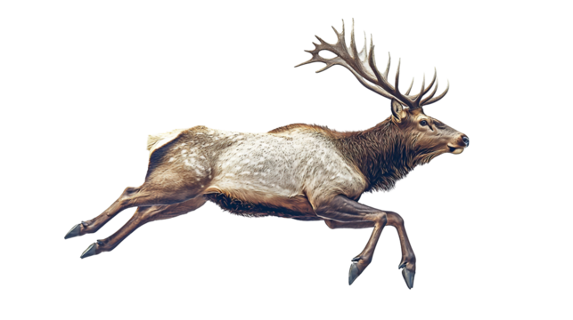 Majestic deer leaping gracefully in midair against a clean, white background