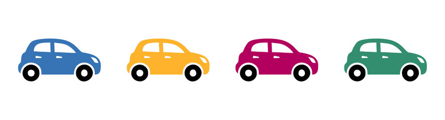 A set of four colorful, simple car icons (blue, yellow, pink, green) in a flat, cartoon style. Ideal for web, mobile apps, kids' content, or general transportation themes.