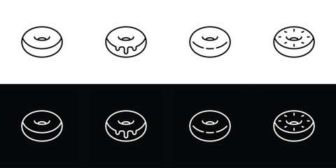 Donut icon set. Flat design symbol collection isolated on black and white background.