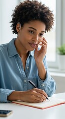 a person with hearing aids making a video call at home, a relaxed setting, a little empty space for writing, a bright white light background, a beautiful and professional engel capture composition,