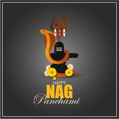 Nag Panchami Festival Greeting with Shivling, Trishul, and Cobra on Dark Background