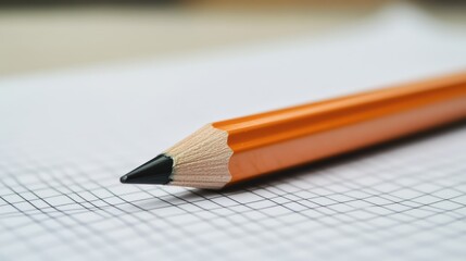 A close-up of an orange pencil with a sharpened graphite tip resting on a sheet of graph paper.
