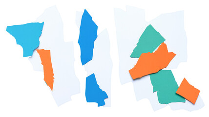 Abstract arrangement of colorful torn paper shapes on a white background