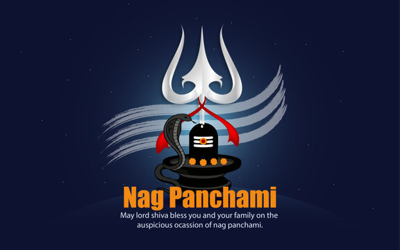 Nag Panchami Festival Greeting with Shivling, Cobra, and Trishul on Blue Background