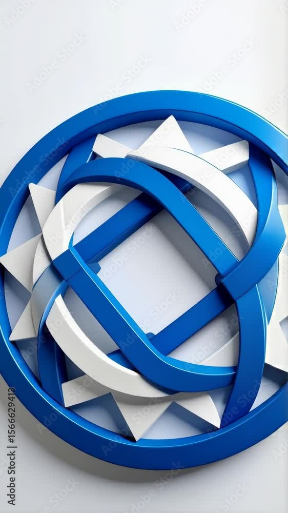 Poster blue and white rounded rings and triangular shapes create an abstract circular design on a white bac