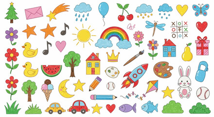 Colorful Hand-Drawn Illustrations of Various Objects, Symbols, and Icons.