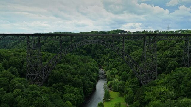Drone Flight Toward Mungstener Brucke Railway Bridge Over Wupper River Germany