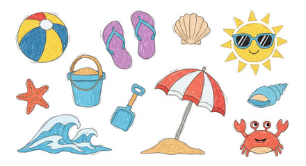 Naklejka premium Colorful Beach Elements Illustration: Ball, Flip-Flops, Seashell, Sun, Umbrella, Crab