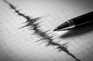 A pen rests on a seismograph, its tip poised above a jagged line tracing a recent earthquake's powerful tremors.