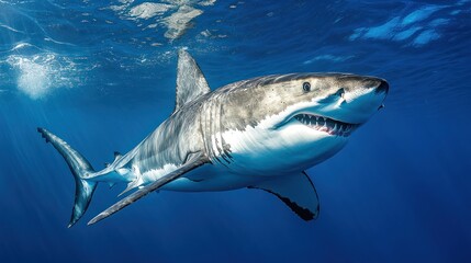 Great white shark swims in clear blue water with sun rays