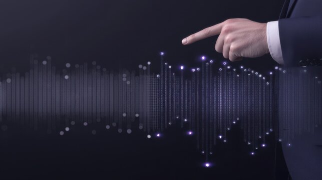 Hand Pointing at Digital Sound Waves with Blue Light Effects