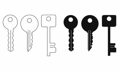 Set of house and car key vector icons in silhouette, black and white, flat and outline style, round and square heads, perfect for security, access, locksmith, and key design concepts.key icon set.
