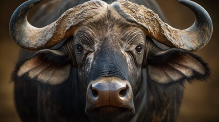 Naklejka premium A large, dark buffalo portrait displays magnificent curved horns and an intense gaze