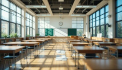 Fototapeta premium BEAUTIFUL Blurred Background of a Bright Classroom and Study Room with Panoramic Windows and Good Lighting. Beautiful Blurred School Background.