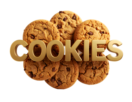 Indulge in the sweet delight of perfectly baked chocolate chip cookies featuring prominent golden typography.