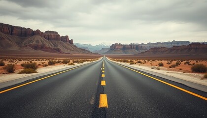 A captivating highway stretches through a serene desert landscape under a clear blue sky, leading towards distant mountains