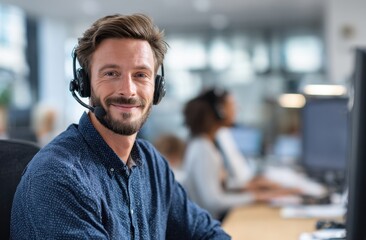 Friendly customer service representative smiles while wearing a headset, providing excellent support in a modern office setting.