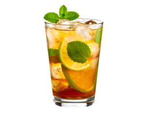 Refreshing iced tea with fresh mint leaves and lime slices, perfect for a hot summer day.