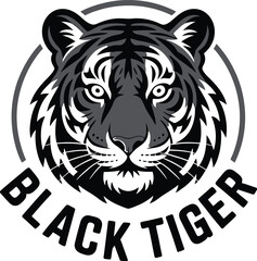 A stylized black and white image depicts a tiger's head within a circular frame, accompanied by the words 