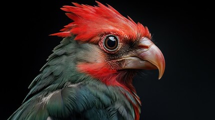 Bird headshot scarlet crest, soft red face, and muted teal feathers on a black background
