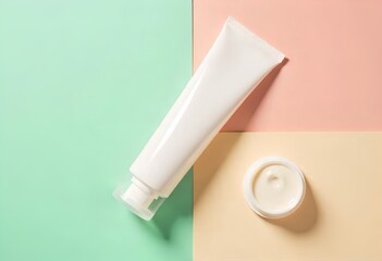 A pristine white cosmetic tube and an open jar of cream are elegantly arranged on a modern, multi-colored background featuring pastel shades of mint green, soft pink, and gentle yellow