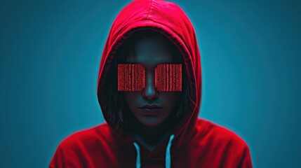 Mysterious Figure in Red Hoodie with Binary Code Glasses