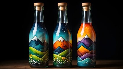 Watercolor mountain landscape painted glass bottles art decor home accessories design