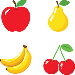 Colorful Fruit Vector Set &ndash; Apple, Pear, Banana, Cherry
