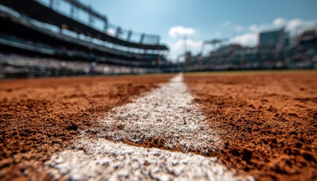 Close-up view of a baseball field's infield dirt and the white chalk line, with a blurred stadium background suggesting a sunny day game.