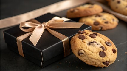 An elegant black gift box adorned with a golden ribbon and bow is placed beside freshly baked chocolate chip cookies on a dark surface.