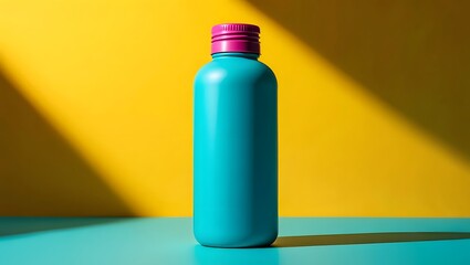Stock photo of turquoise water bottle with pink cap on yellow background product mockup