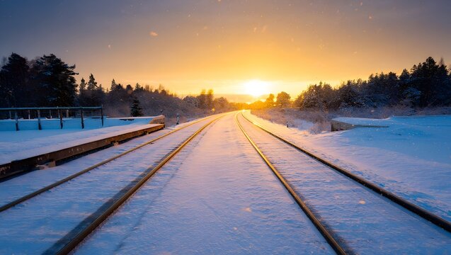 Winter sunrise over snow covered railroad tracks landscape scenic travel destination - Powered by Adobe
