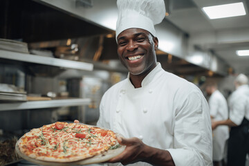 A chef is holding a pizza in a restaurant kitchen