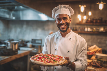 A smiling chef holding a pizza in a kitchen