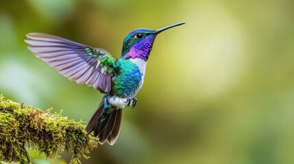 Obraz premium A vibrant hummingbird, iridescent green and purple, hovers mid-flight, wings outstretched, perched delicately on a mossy branch against a softly blurred, verdant background