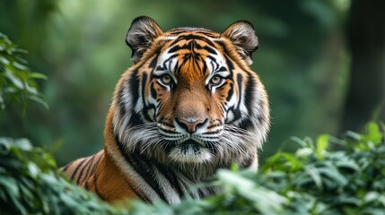Fototapeta premium Close-up of a tiger in a lush forest