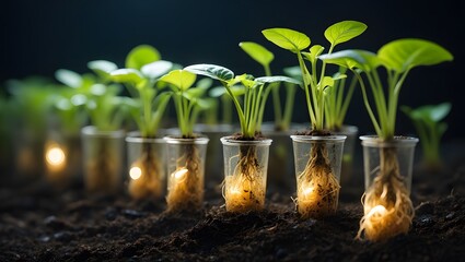 Seedlings growing in plastic cups, plant propagation and root development concept idea