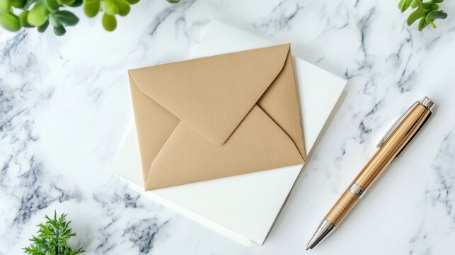 A brown envelope and a white card rest on a marble surface, accompanied by a stylish pen and small green plants in the background.