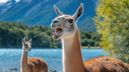 Obraz premium Guanaco animal portrait near blue water, mountains, trees, with one mouth open.