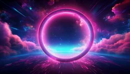 a glowing neon circle floats in a vibrant galaxy surrounded by pink and blue cosmic clouds creating a futuristic space aesthetic